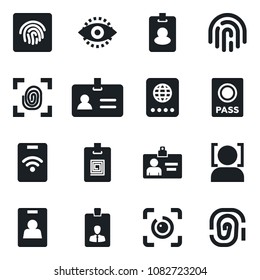 Set of vector isolated black icon - passport vector, identity, card, face id, eye, fingerprint, pass
