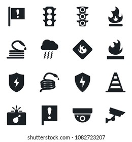 Set of vector isolated black icon - bomb in case vector, border cone, storm cloud, fire, hose, important flag, traffic light, flammable, protect, surveillance