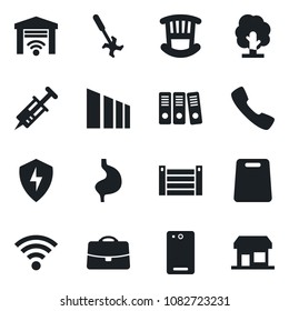 Set of vector isolated black icon - tree vector, ripper, syringe, stomach, container, sorting, phone back, call, protect, wireless, case, paper binder, children room, cutting board, storefront