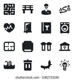 Set of vector isolated black icon - bench vector, caterpillar, heart pulse, doctor, route, hdmi, pool, plan, washer, wine card, chip, water filter, garage gate control, trash bin, door, idea