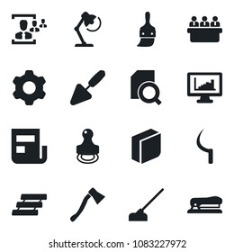 Set of vector isolated black icon - meeting vector, trowel, hoe, sickle, axe, settings, themes, monitor statistics, news, document search, hr, blank box, desk lamp, paper tray, stamp, stapler