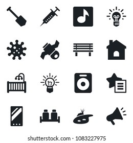 Set of vector isolated black icon - job vector, house, bench, syringe, virus, satellite, speaker, favorites list, mobile, music, pond, children room, salt and pepper, idea, advertising