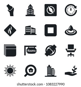 Set of vector isolated black icon - sun vector, joint, stop button, compass, office building, chair, blank box, rooms, estate search, water, smoke detector, clock, palm sproute