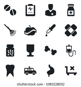 Set of vector isolated black icon - rake vector, dropper, pills, bottle, patch, ambulance car, stomach, tooth, broken bone, pulse clipboard, diet, doctor, fragile, no trolley