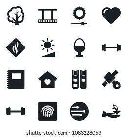 Set of vector isolated black icon - tree vector, heart, barbell, satellite, film frame, network, brightness, fingerprint id, copybook, book, sweet home, egg stand, smoke detector, palm sproute