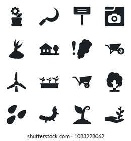 Set of vector isolated black icon - tree vector, wheelbarrow, sproute, seedling, sickle, plant label, seeds, caterpillar, photo gallery, house with, windmill, flower in pot, smoke detector, palm
