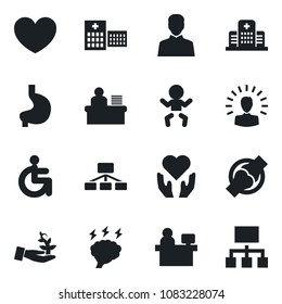 Set of vector isolated black icon - baby vector, brainstorm, manager place, heart, disabled, hand, stomach, joint, hospital, user, desk, palm sproute, shining head, hierarchy