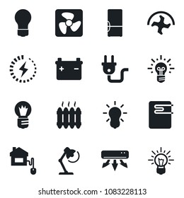 Set of vector isolated black icon - bulb vector, ripper, charge, desk lamp, heater, air conditioner, fridge, home control, power plug, fan, water, battery, idea