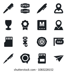 Set of vector isolated black icon - pen vector, stamp, navigation, pin, fragile, no hook, sd, sertificate, sale, menu, open close, paper plane