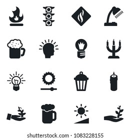 Set of vector isolated black icon - bulb vector, fire, garden light, traffic, brightness, desk lamp, beer, candle, smoke detector, palm sproute, shining head, idea