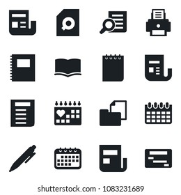 Set of vector isolated black icon - book vector, document search, pen, notepad, calendar, medical, folder, news, copybook, printer, schedule