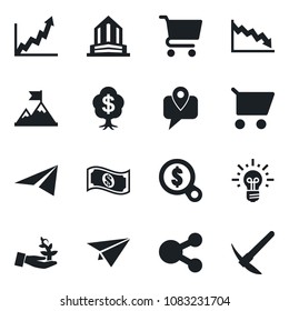 Set of vector isolated black icon - mobile tracking vector, palm sproute, motivation, growth graph, crisis, money search, idea, cart, cash, paper plane, social media, tree, office building