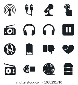 Set of vector isolated black icon - reel vector, microphone, radio, antenna, video camera, network, touch screen, headphones, finger down, heart, low battery, pause button, rca, archive chest