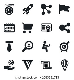 Set of vector isolated black icon - alarm led vector, target, consumer search, rocket, pennon, investment, calendar, cart, flag, social media, certificate, contract, man with notebook, tie