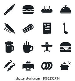 Set of vector isolated black icon - dish vector, restaurant table, coffee, beer, plates, bacon, bread, receipt, kebab, hamburger, ladle, rolling pin, knife, steaming pan