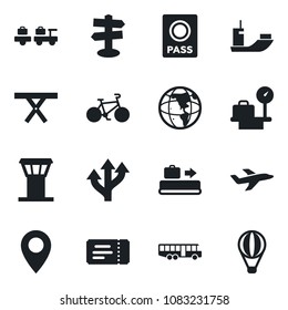 Set of vector isolated black icon - airport tower vector, baggage conveyor, bus, ticket, passport, larry, luggage scales, picnic table, bike, route, signpost, pin, plane, sea shipping, earth