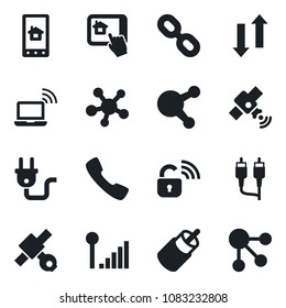 Set of vector isolated black icon - wireless notebook vector, satellite, share, chain, rca, call, data exchange, cellular signal, power plug, lock, home control app, social media