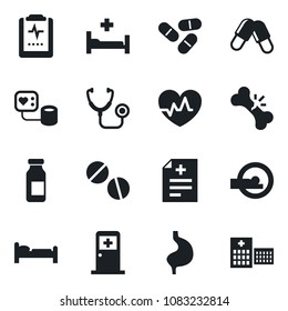 Set of vector isolated black icon - bed vector, medical room, heart pulse, diagnosis, stethoscope, blood pressure, pills, ampoule, tomography, hospital, stomach, broken bone, clipboard