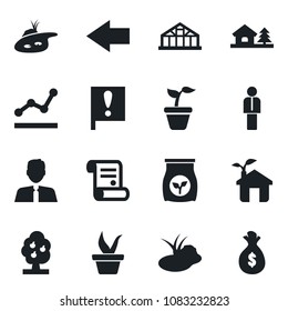 Set of vector isolated black icon - left arrow vector, manager, contract, seedling, greenhouse, pond, fertilizer, important flag, point graph, house with tree, fruit, estate agent, eco, money bag