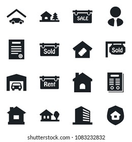 Set of vector isolated black icon - office building vector, house, contract, with tree, garage, sale, rent, sold signboard, estate agent, smart home, insurance