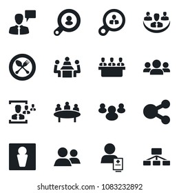 Set of vector isolated black icon - spoon and fork vector, male, speaking man, meeting, patient, group, company, hr, client search, consumer, social media, hierarchy
