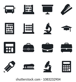 Set of vector isolated black icon - airport bus vector, graduate, abacus, presentation board, microscope, calculator, case, pencil, stapler