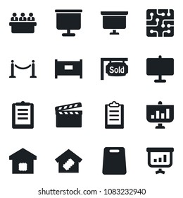 Set of vector isolated black icon - fence vector, presentation board, meeting, clipboard, clapboard, sold signboard, smart home, cutting, chip