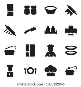 Set of vector isolated black icon - fridge vector, cook, restaurant table, cafe, hat, plates, salt and pepper, bowl, rolling pin, knife, steaming pan