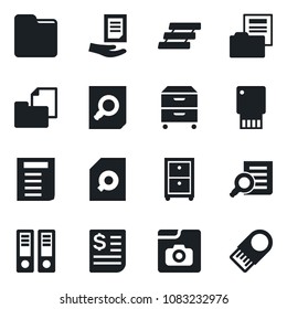 Set of vector isolated black icon - office binder vector, document search, receipt, folder, photo gallery, paper tray, archive box, usb flash