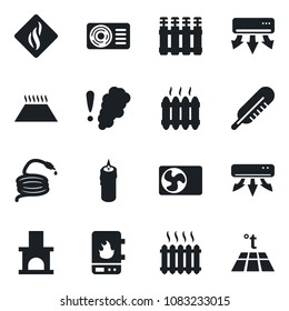 Set of vector isolated black icon - hose vector, fireplace, thermometer, heater, air conditioner, candle, water, smoke detector, radiator, warm floor