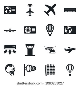 Set of vector isolated black icon - airport tower vector, plane radar, wind, helicopter, seat map, globe, air conditioner, balloon