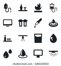 Set of vector isolated black icon - water drop vector, dropper, flammable, monitor, alcohol, drink, filter, sprinkler