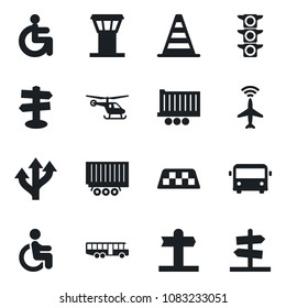 Set of vector isolated black icon - airport tower vector, plane radar, taxi, bus, border cone, helicopter, disabled, route, signpost, traffic light, truck trailer, guidepost