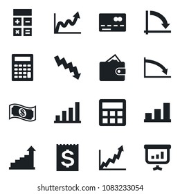 Set of vector isolated black icon - credit card vector, growth statistic, calculator, crisis graph, receipt, bar, wallet, cash, presentation
