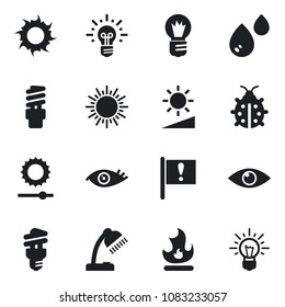 Set of vector isolated black icon - sun vector, bulb, lady bug, fire, eye, important flag, brightness, desk lamp, water, energy saving, idea