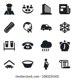 Set of vector isolated black icon - plane globe vector, office building, rain, blood test vial, pregnancy, news, alarm, company, garage, phone, cook, bacon, bowl, snowflake, car, contract