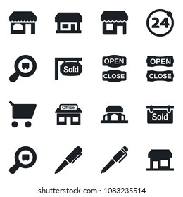 Set of vector isolated black icon - 24 around vector, shop, pen, store, search cargo, sold signboard, cafe building, open close, cart, storefront