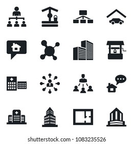 Set of vector isolated black icon - hierarchy vector, well, molecule, hospital, office building, garage, plan, home message