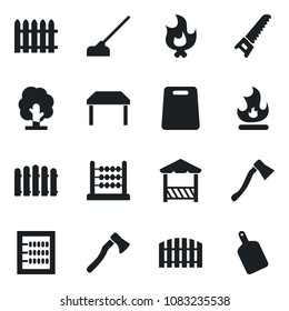 Set of vector isolated black icon - fence vector, tree, saw, fire, hoe, axe, abacus, table, alcove, cutting board