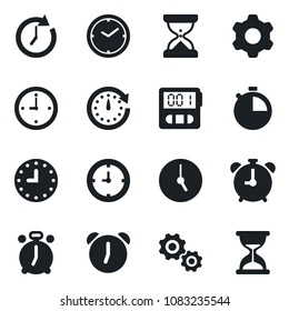 Set of vector isolated black icon - alarm clock vector, settings, stopwatch, gear, sand
