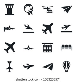 Set of vector isolated black icon - plane vector, airport tower, radar, departure, arrival, waiting area, boarding, helicopter, flight table, globe, paper, air balloon
