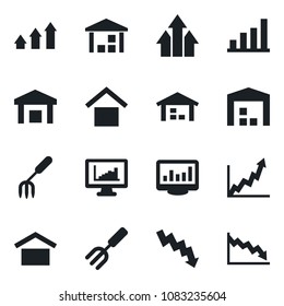 Set of vector isolated black icon - crisis graph vector, garden fork, warehouse storage, monitor statistics, bar, arrow up, growth