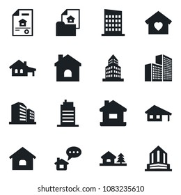 Set of vector isolated black icon - house vector, office building, with garage, tree, estate document, sweet home, city, message