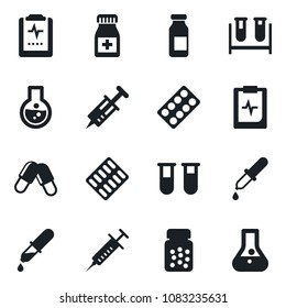 Set of vector isolated black icon - syringe vector, blood test vial, dropper, pills, bottle, blister, ampoule, pulse clipboard, flask