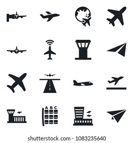 Set of vector isolated black icon - plane vector, airport tower, runway, radar, departure, boarding, seat map, globe, building, paper