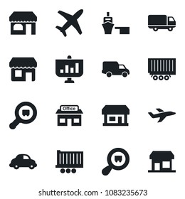 Set of vector isolated black icon - shop vector, store, plane, truck trailer, car delivery, sea port, search cargo, presentation, storefront