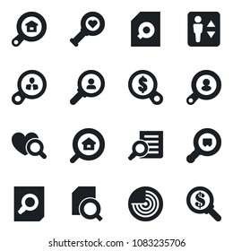 Set of vector isolated black icon - elevator vector, radar, document search, heart diagnostic, cargo, estate, client, consumer, money