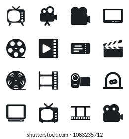 Set of vector isolated black icon - ticket vector, office, clapboard, film frame, reel, tv, video camera