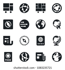 Set of vector isolated black icon - passport vector, globe, plane, earth, consolidated cargo, news, network, compass