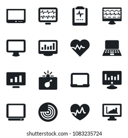 Set of vector isolated black icon - bomb in case vector, radar, notebook pc, statistic monitor, heart pulse, clipboard, tv, statistics